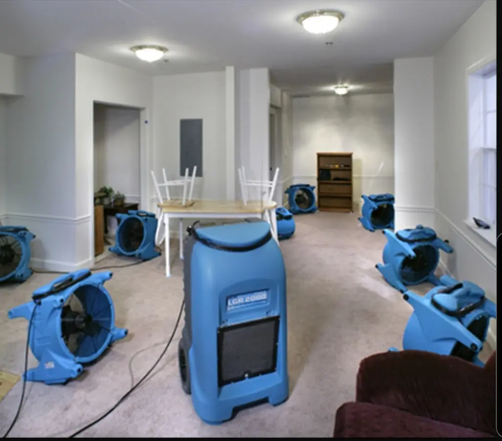 Air movers and dehumidifier setup for Water Extraction & Removal in Chelsea